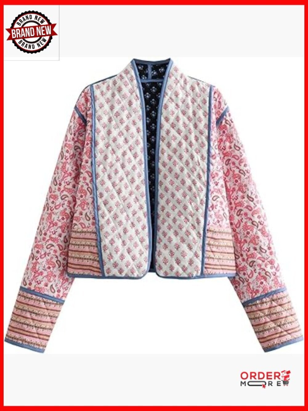Quilted Puffer Cropped Jacket Cardigan Floral Lightweight Open Front Short